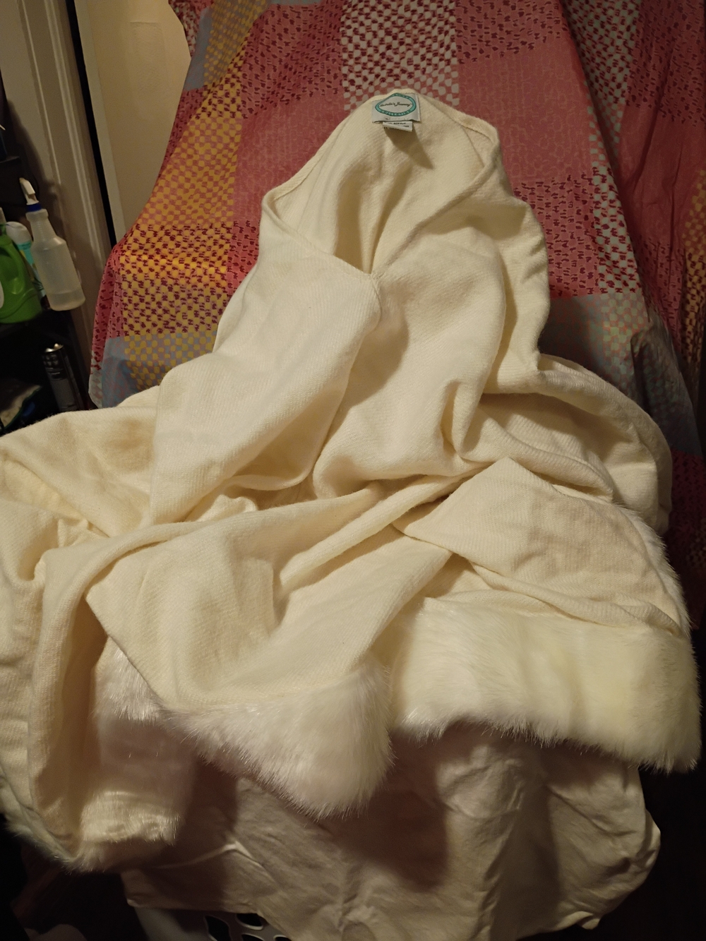 Cozy Cream Women's Furry Shawl.with Faux-Fur Trim. One Size Fits All.